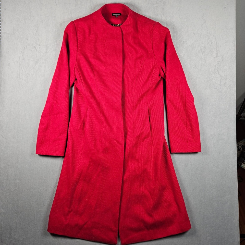 J. Peterman Coat Womens 2 Red Wool Blend Leopard Lining Mock Neck Pockets